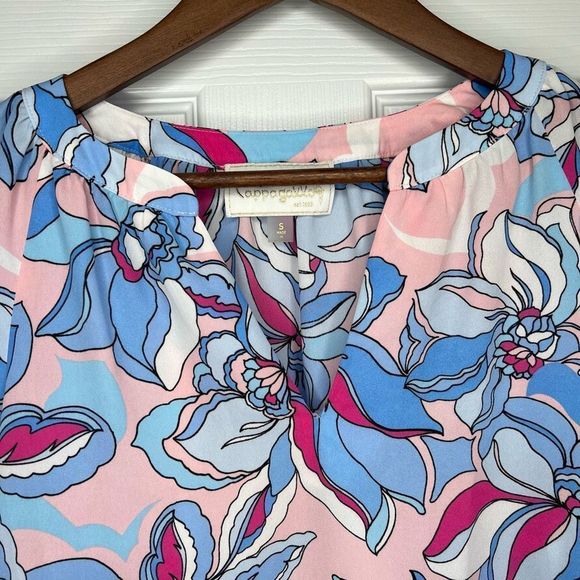 Pappagallo Women's Multicolor Island Blue Floral Raglan Long Sleeve Blouse Small - Picture 5 of 14